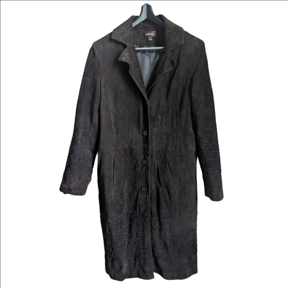 DANIER Chocolate Brown Leather Lined Warm Embroidered Bohemian Long Jacket S2XL
